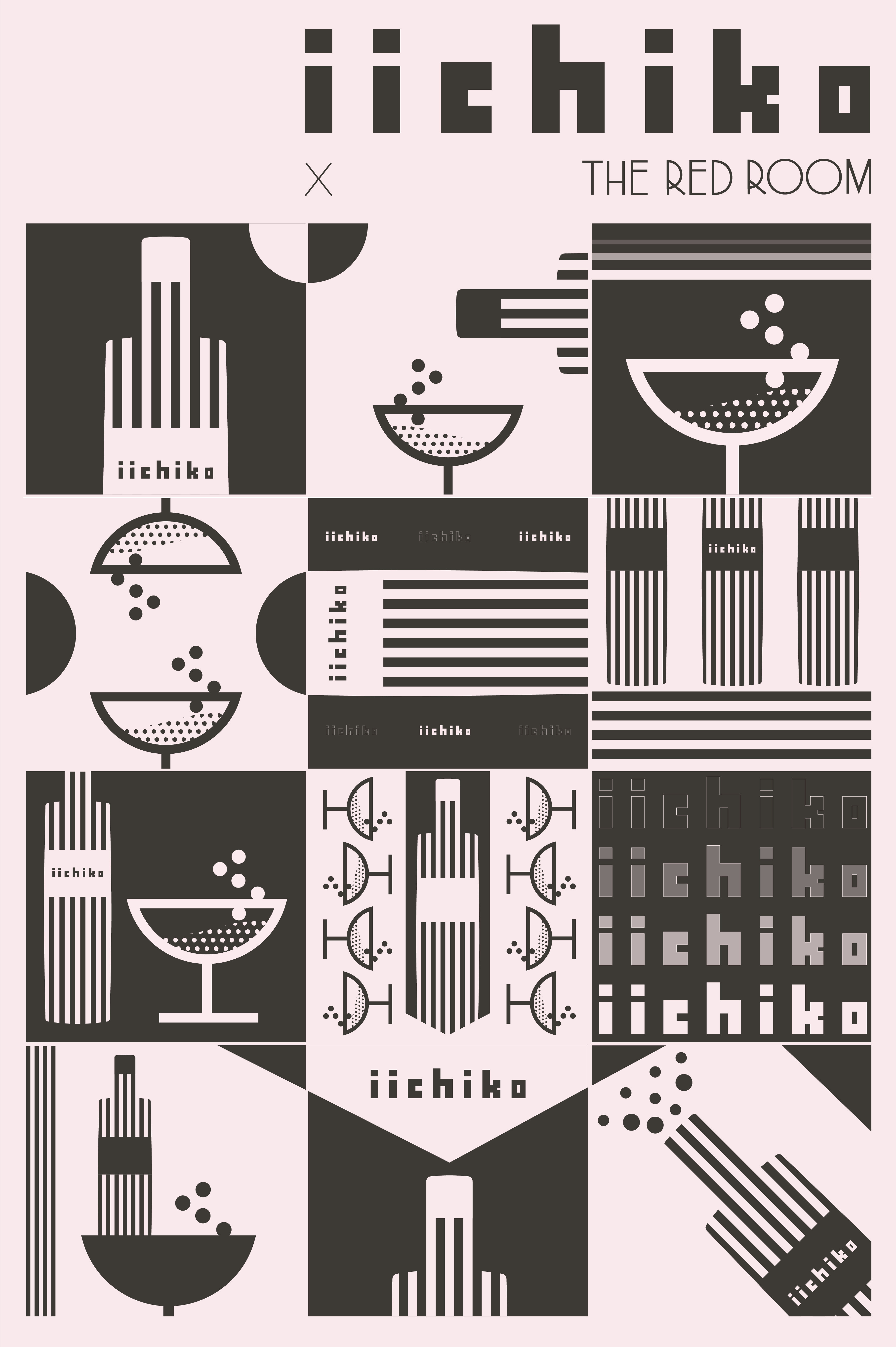 iichiko x The Red Room poster featuring a Bauhaus modernist geometric grid of fluted shochu bottles, coupe glasses, bubbles, and custom typography